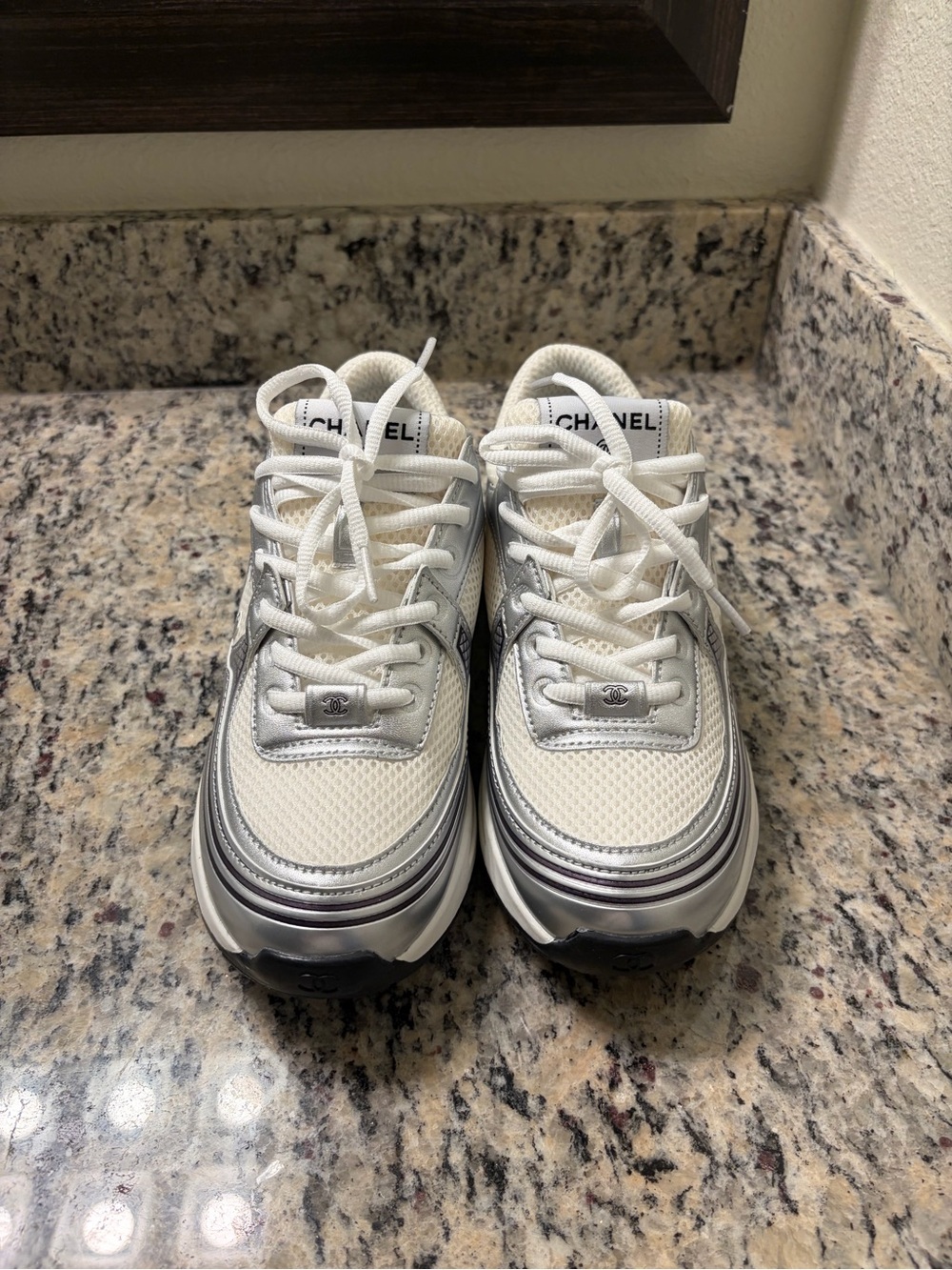 CHANEL White Silver Metallic CC Logo Sneakers - Picture 5 of 6